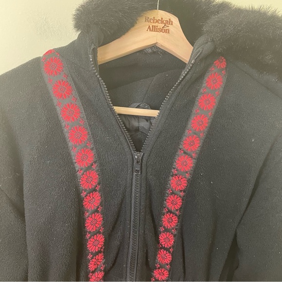 Rothschild Faux Fur Cuff & Hood Fair Isle Black Coat SZ Medium - Picture 13 of 16